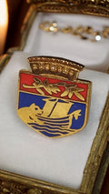 Pin's vintage blason émaillé, collection ancienne, motif héraldique doré