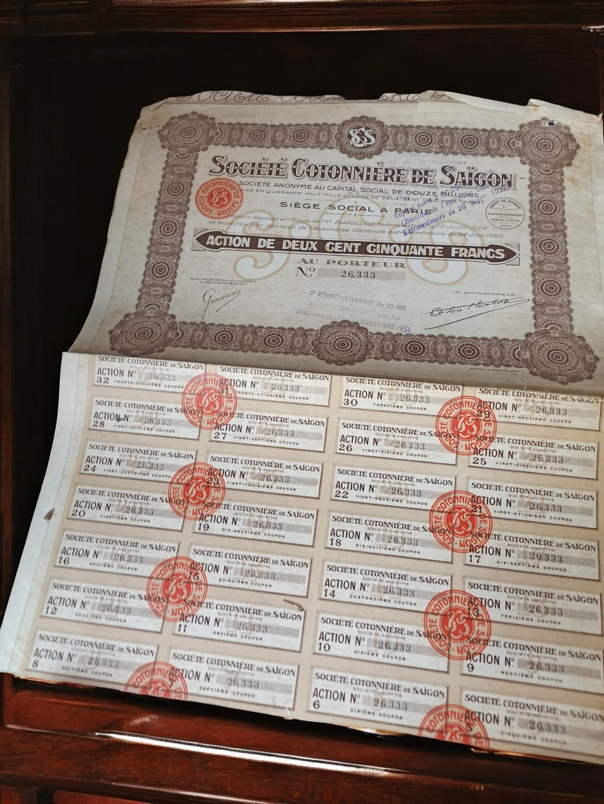 Action au porteur Société Cotonnière de Saïgon années 1920 document financier vi