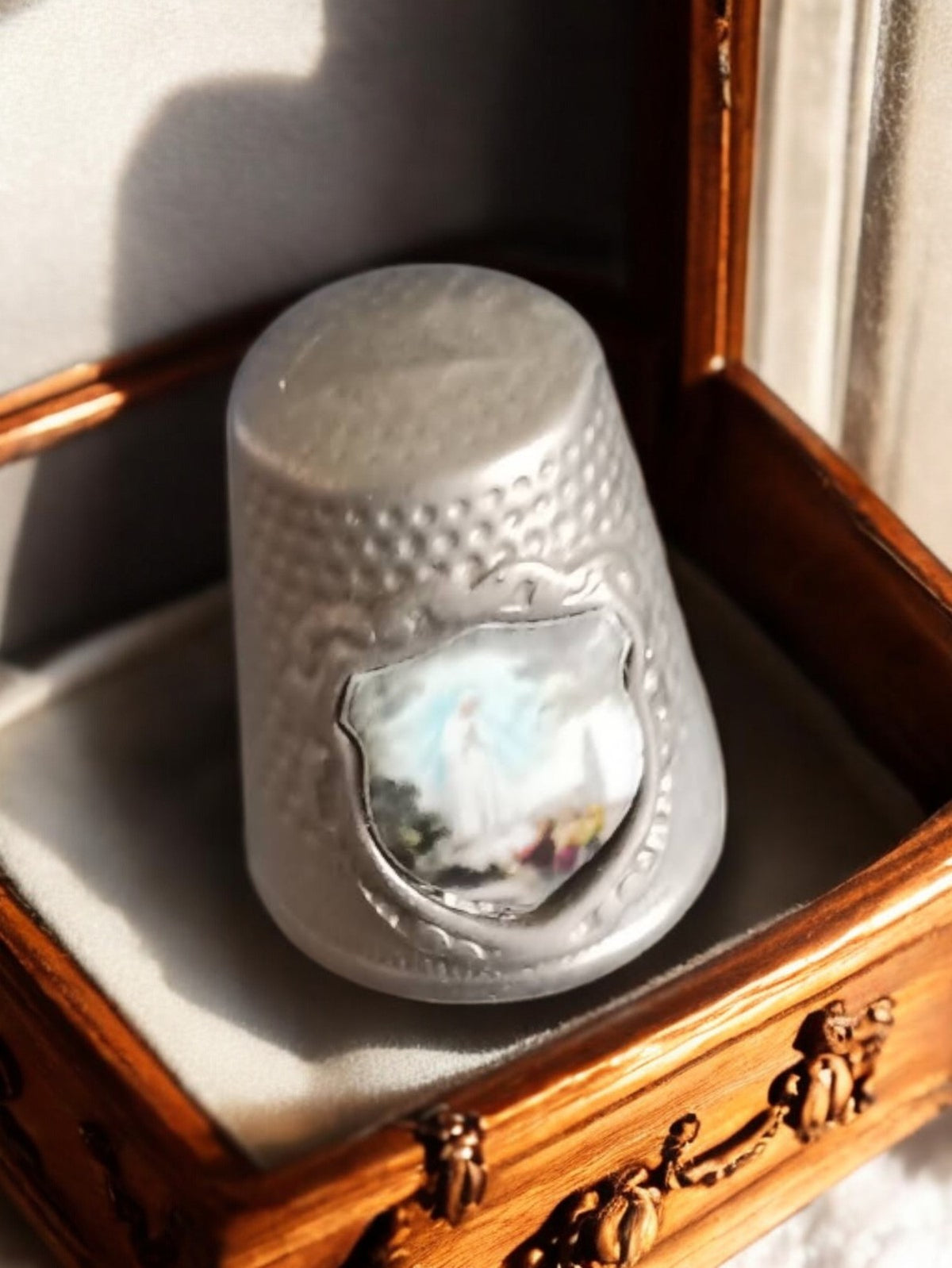 Antique thimble, enameled religious scene, vintage, unique piece