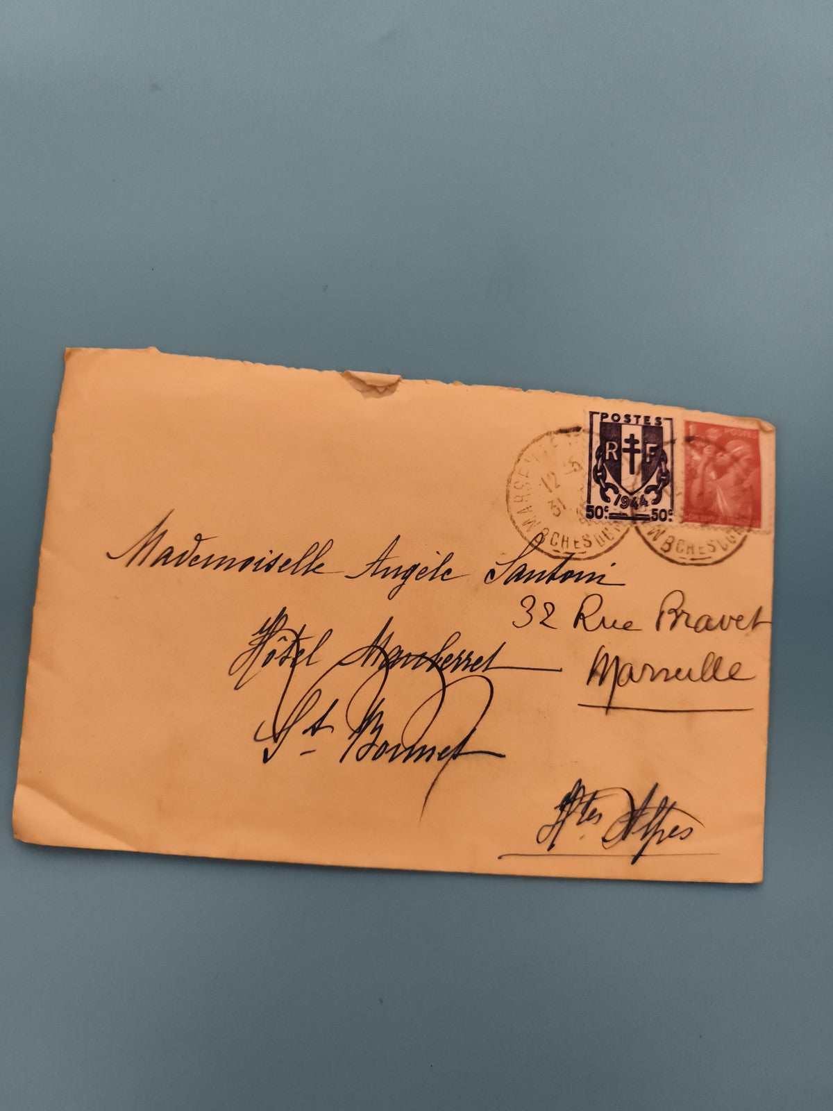Lettre ancienne oblitérée timbres France Croix de Lorraine philatélie (Ref 3)