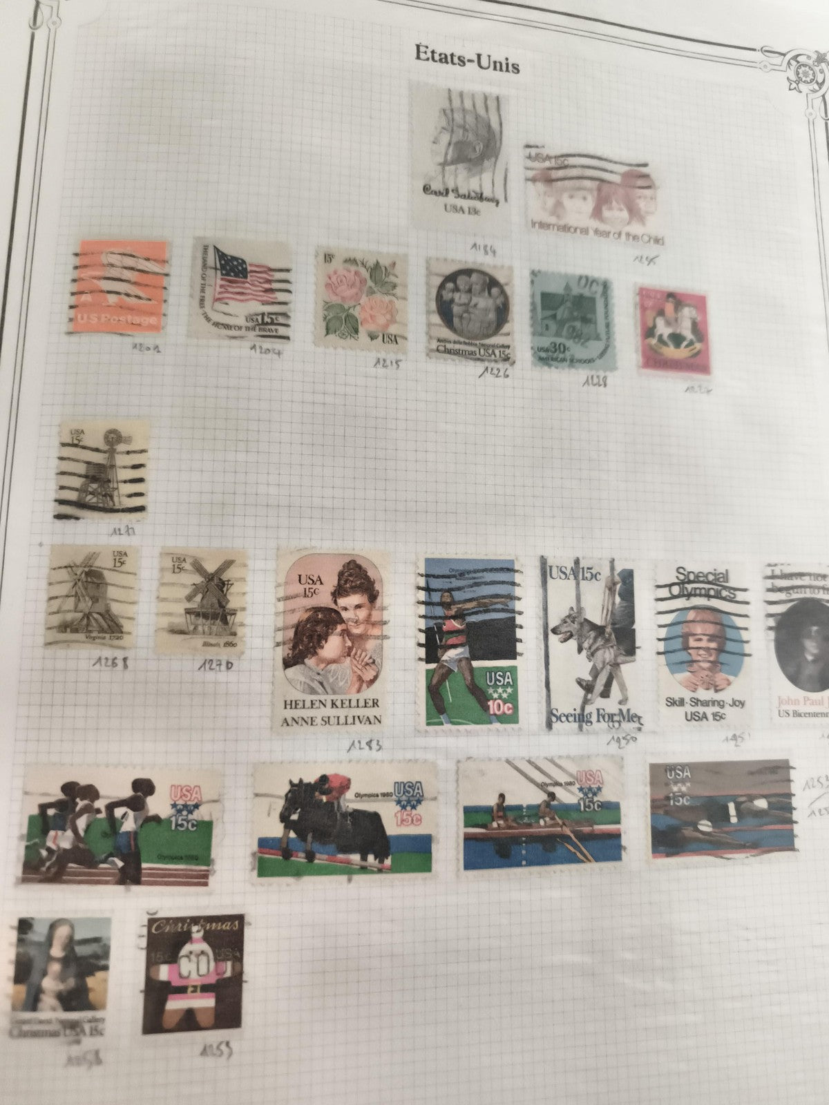 Lot anciens timbres USA oblitérés thématiques années 60-80 philatélie vintage