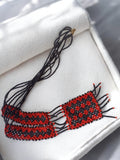 Collier perles vintage fait main noir rouge, bijou ancien artisanal rétro