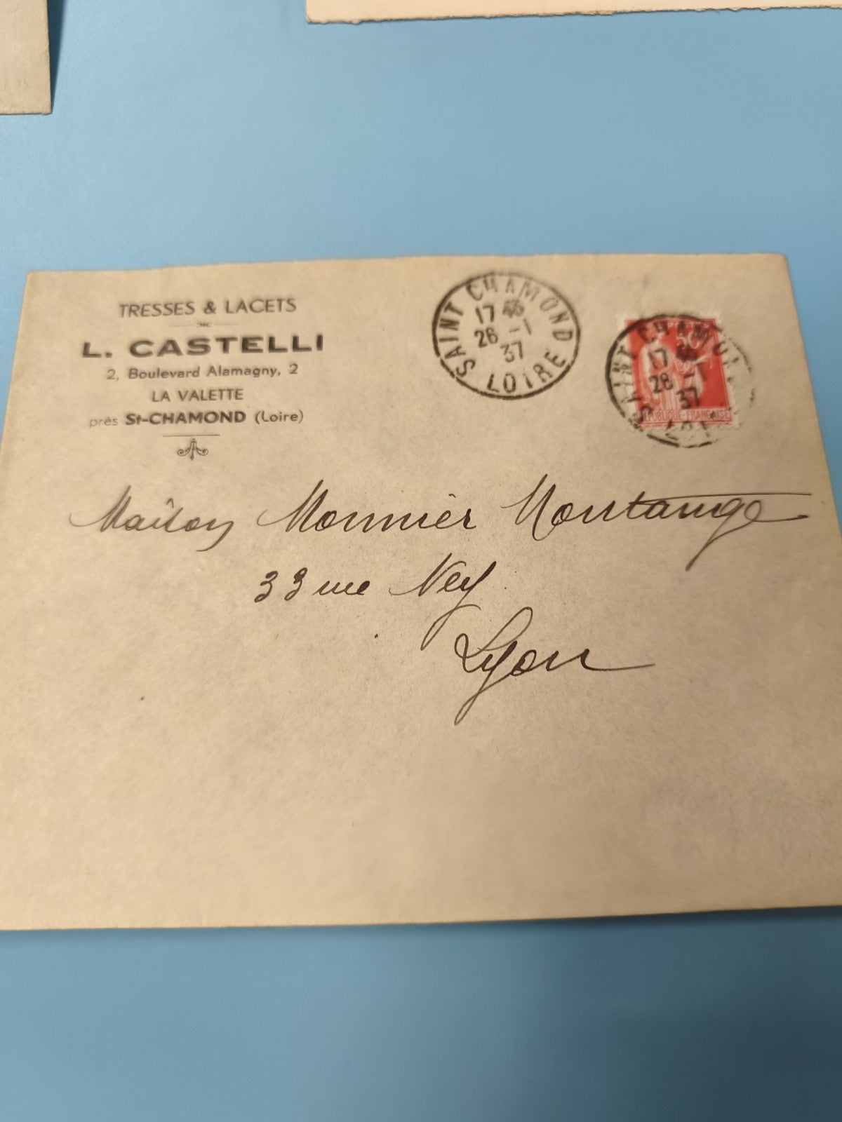 Ancienne enveloppe oblitérée 1937 L. Castelli Saint-Chamond philatélie vintage