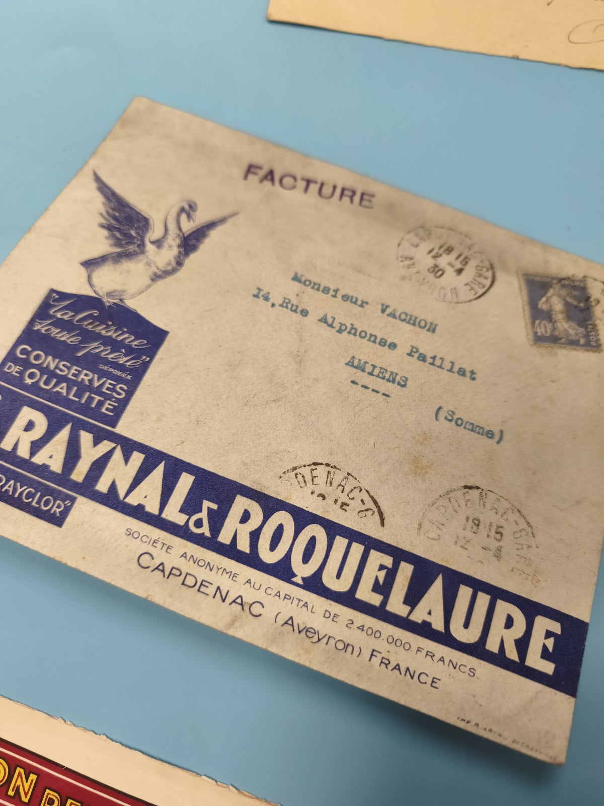 Ancienne enveloppe oblitérée Raynal & Roquelaure début XXe, facture, philatélie