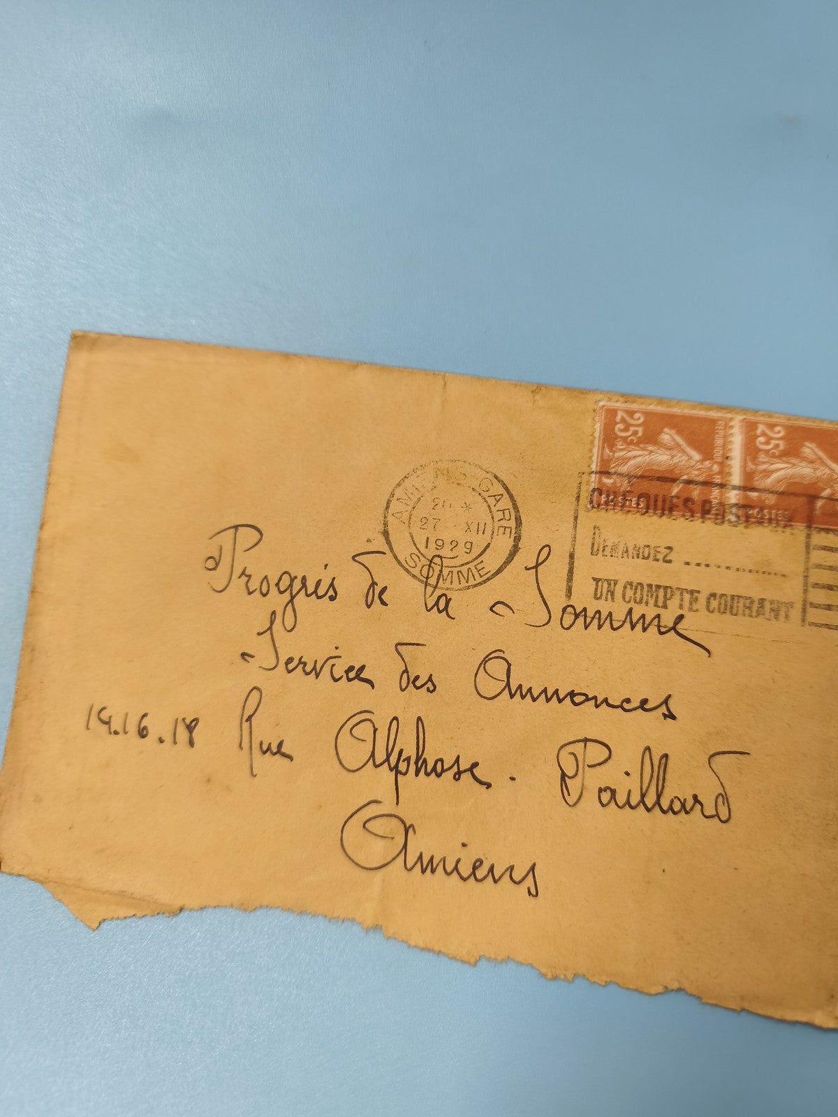Ancienne enveloppe oblitérée 1929 philatélie Amiens rare timbres vintage