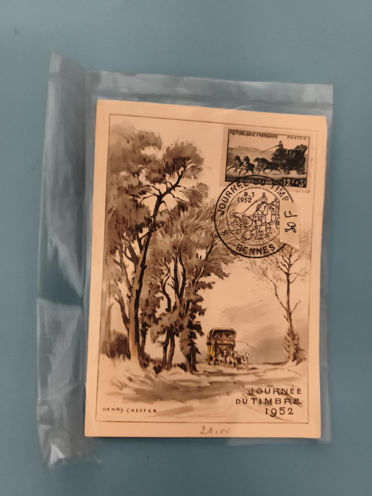 Carte philatélique Journée du Timbre 1952 Rennes cachet, Henry Cheffer, illustra
