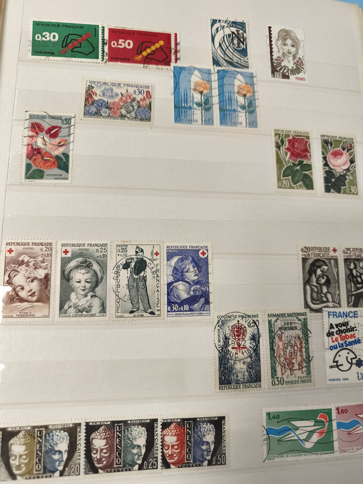 Lot anciens timbres oblitérés France, fleurs, portraits, thématiques variées