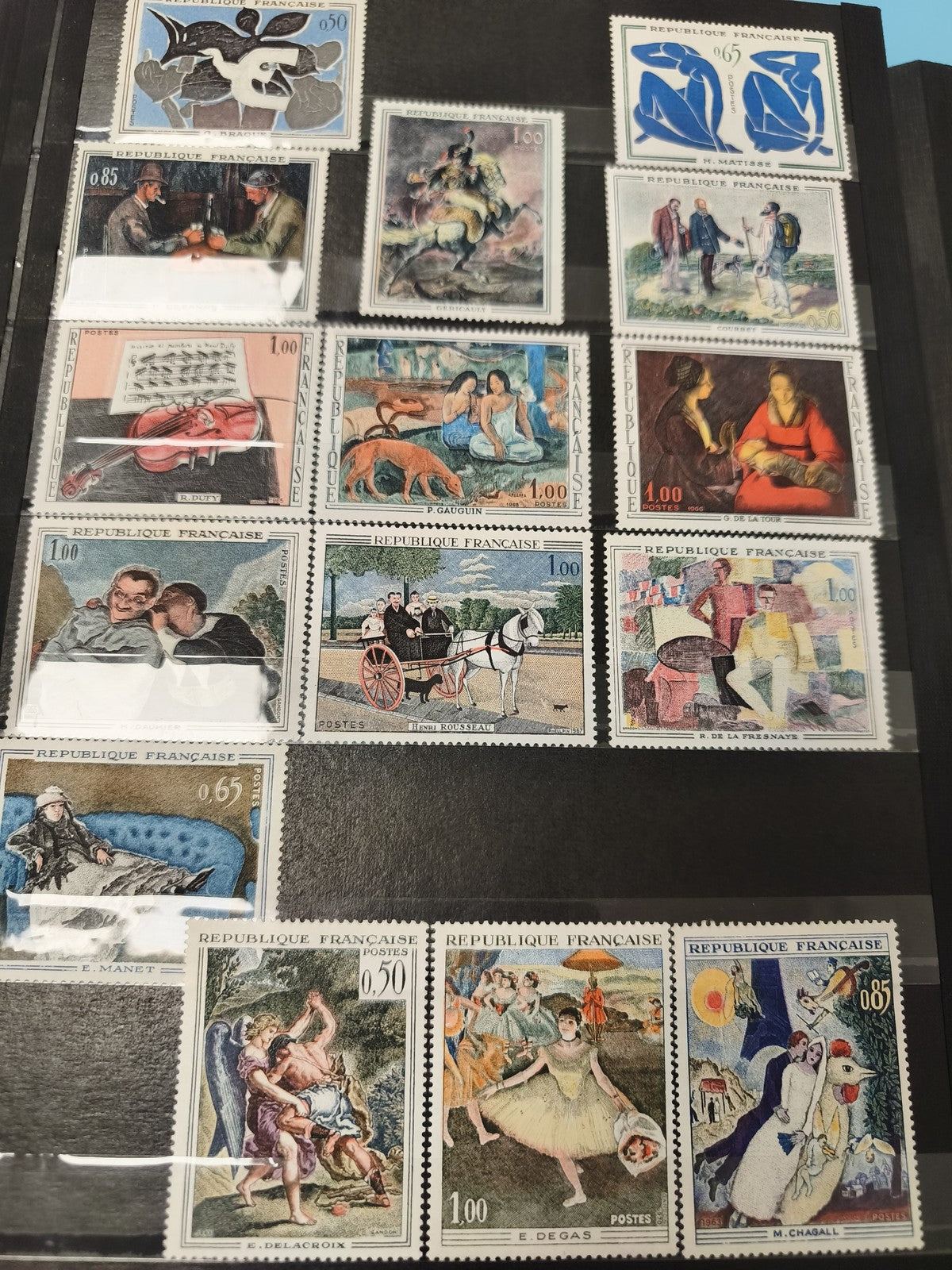 Lot anciens timbres oblitérés France art peintres célèbres philatélie collection
