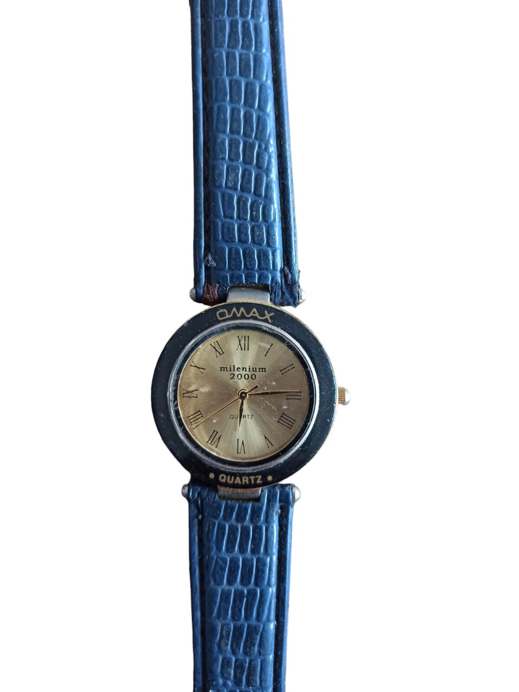 Montre vintage Omax Millenium 2000 bleu, quartz, cadran doré, bracelet effet cro