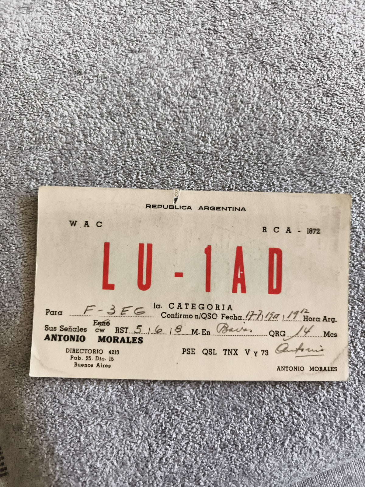 Carte QSL radio ancienne LU-1AD Buenos Aires Antonio Morales Argentine vintage