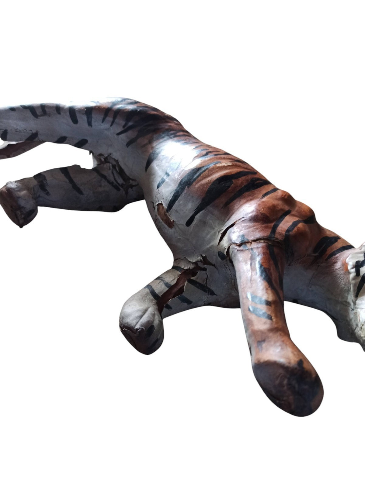 Tigre décoratif papier mâché ancien, sculpture vintage début XXe, figurine art p