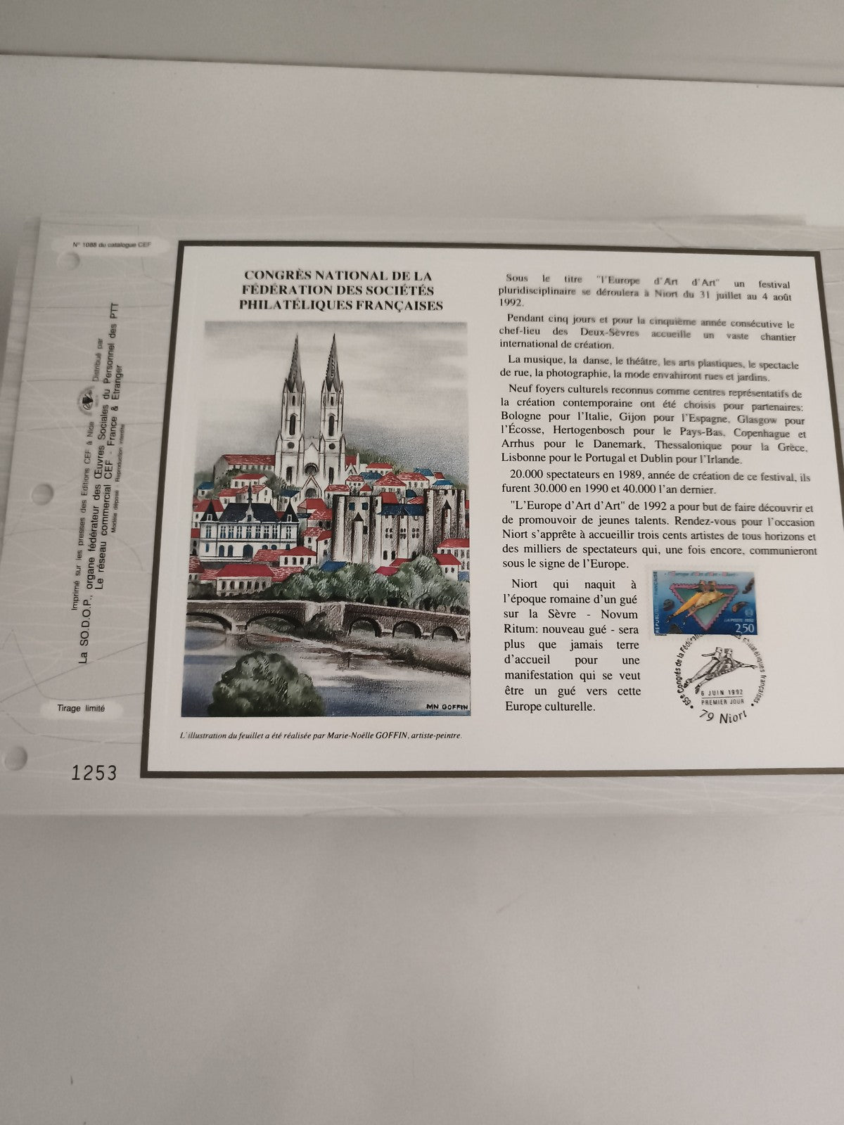 Feuillet CEF philatélie Congrès Niort 1992 illustration cathédrale tirage limité