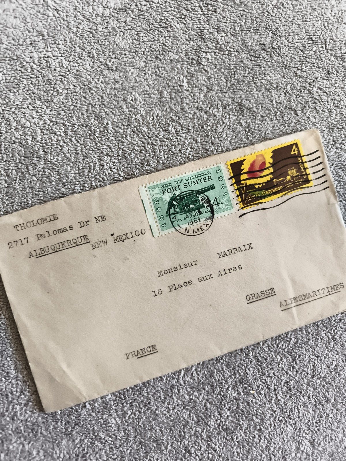Lettre affranchie USA 1961 timbre Fort Sumter + Arizona, oblitération, philatéli