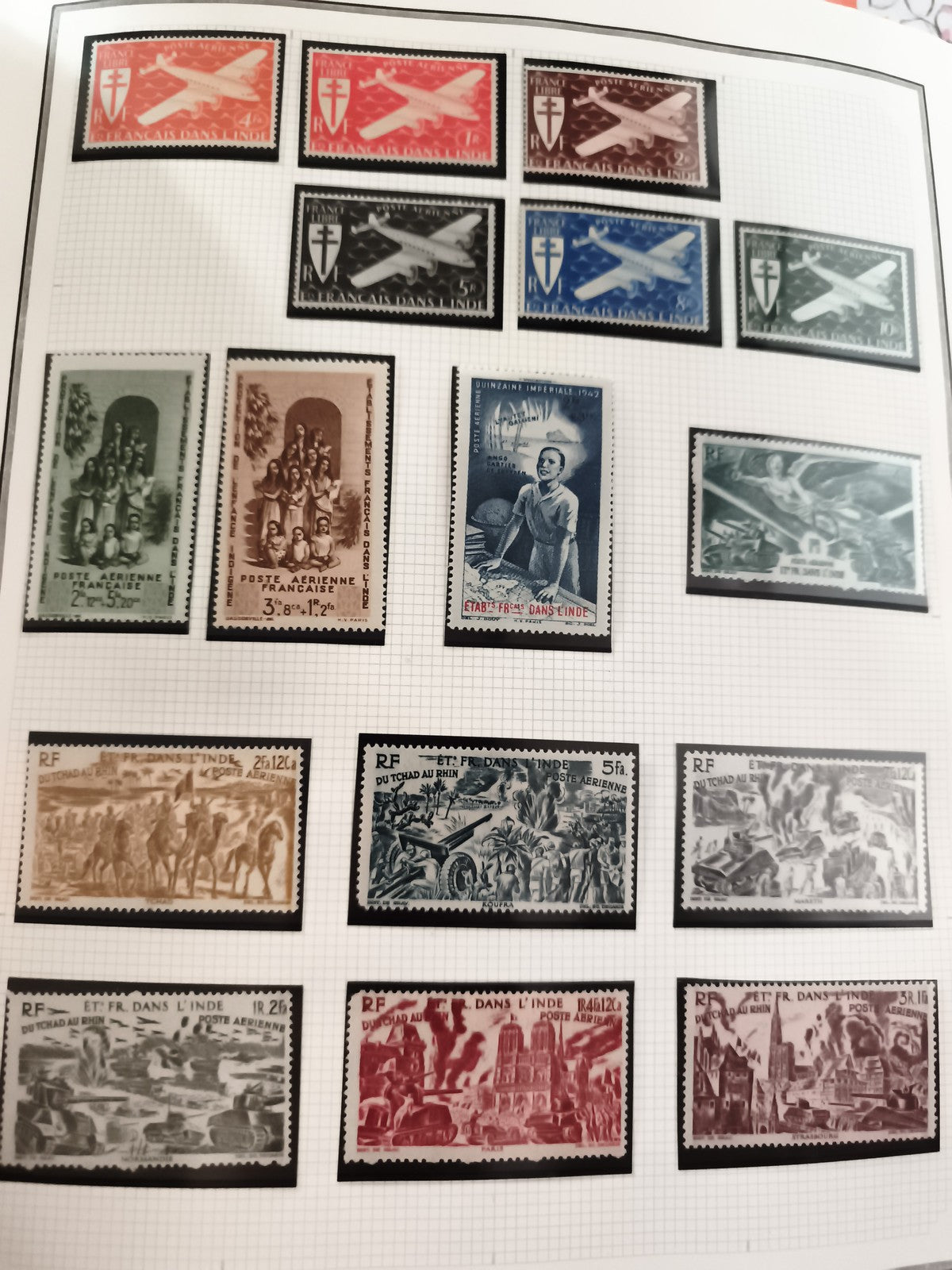 Timbres anciens France Inde neufs, Poste aérienne, RF, années 1940-50