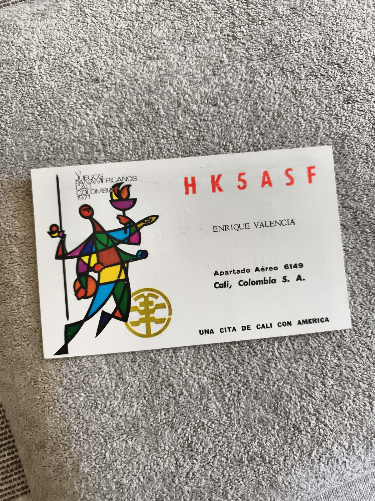 Carte radio QSL HK5ASF Jeux Panaméricains 1971 Cali Colombie vintage