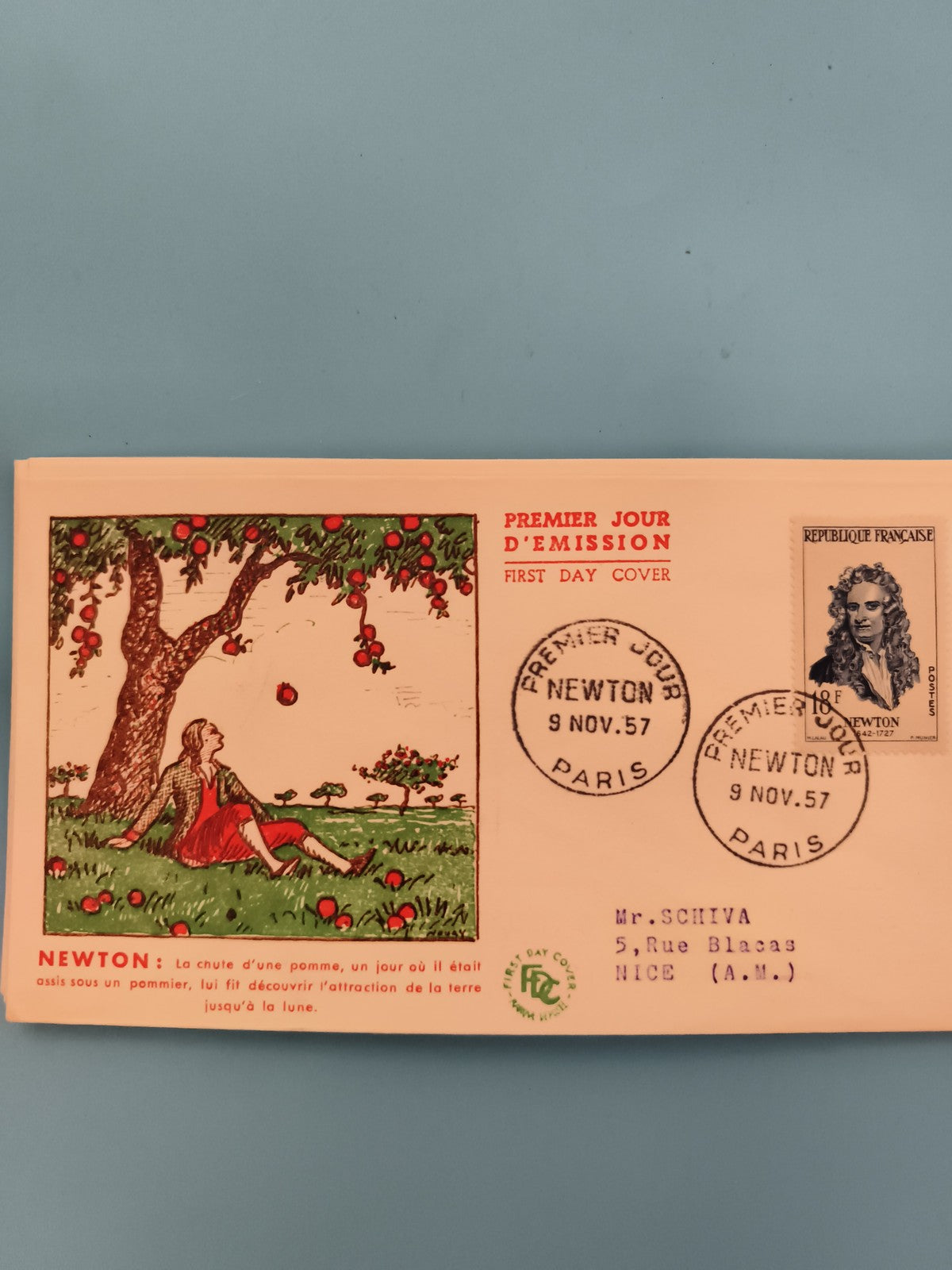 Enveloppe 1er Jour Newton 1957, timbre République Française, Paris, illustration