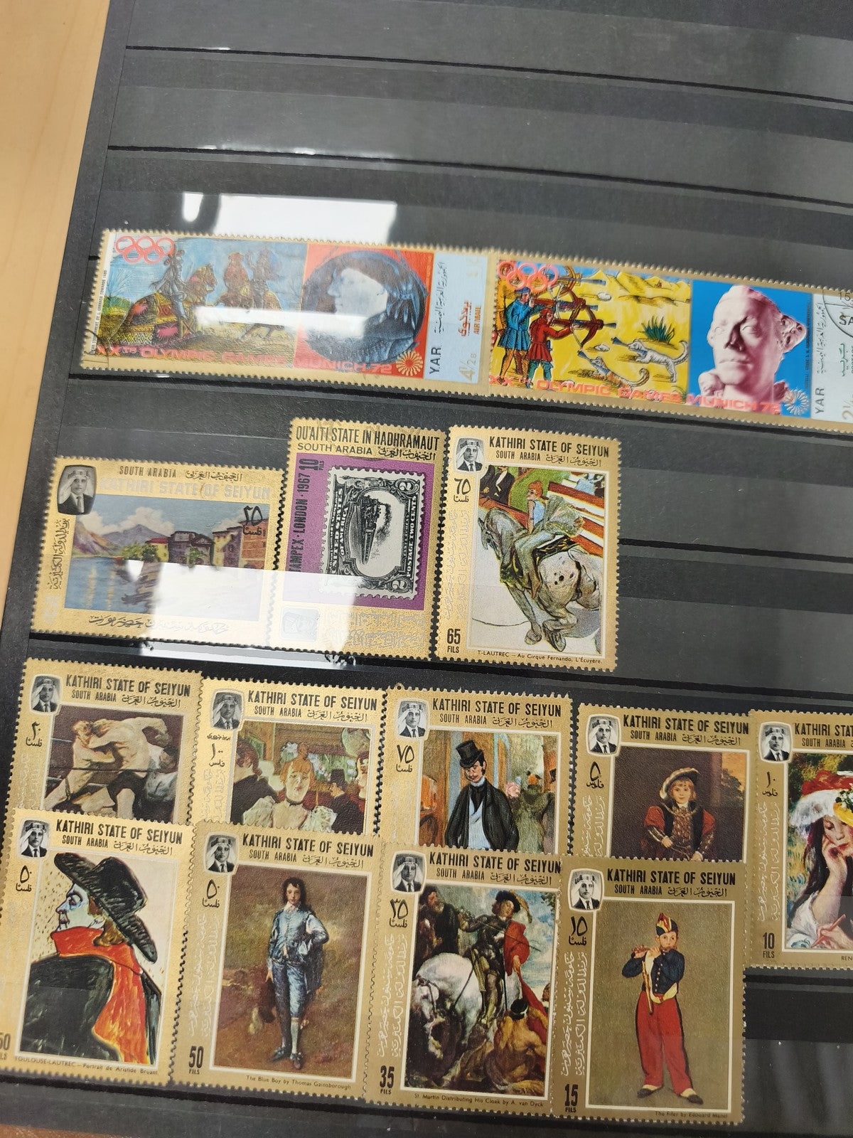 Lot de timbres illustrés thématiques, divers pays, motifs artistiques et sportif