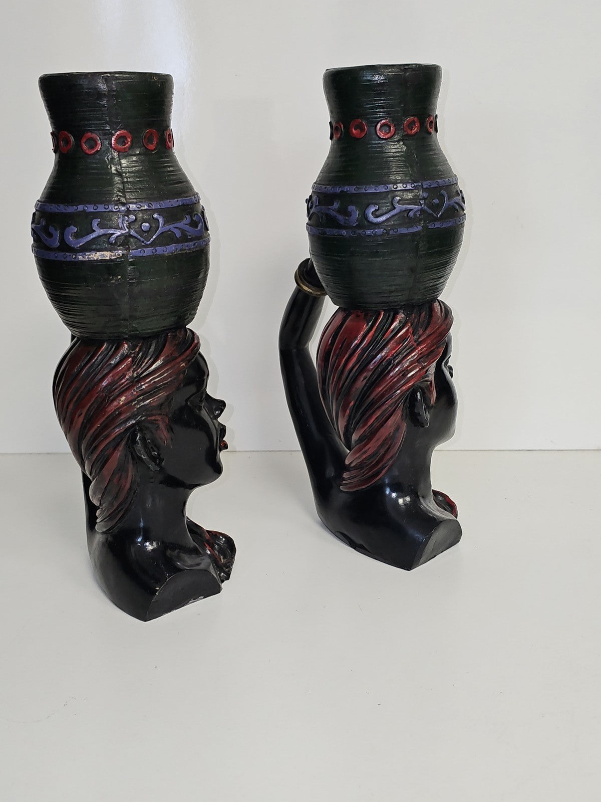 Paire de bougeoirs anciens bois sculpté têtes africaines vintage déco ethnique