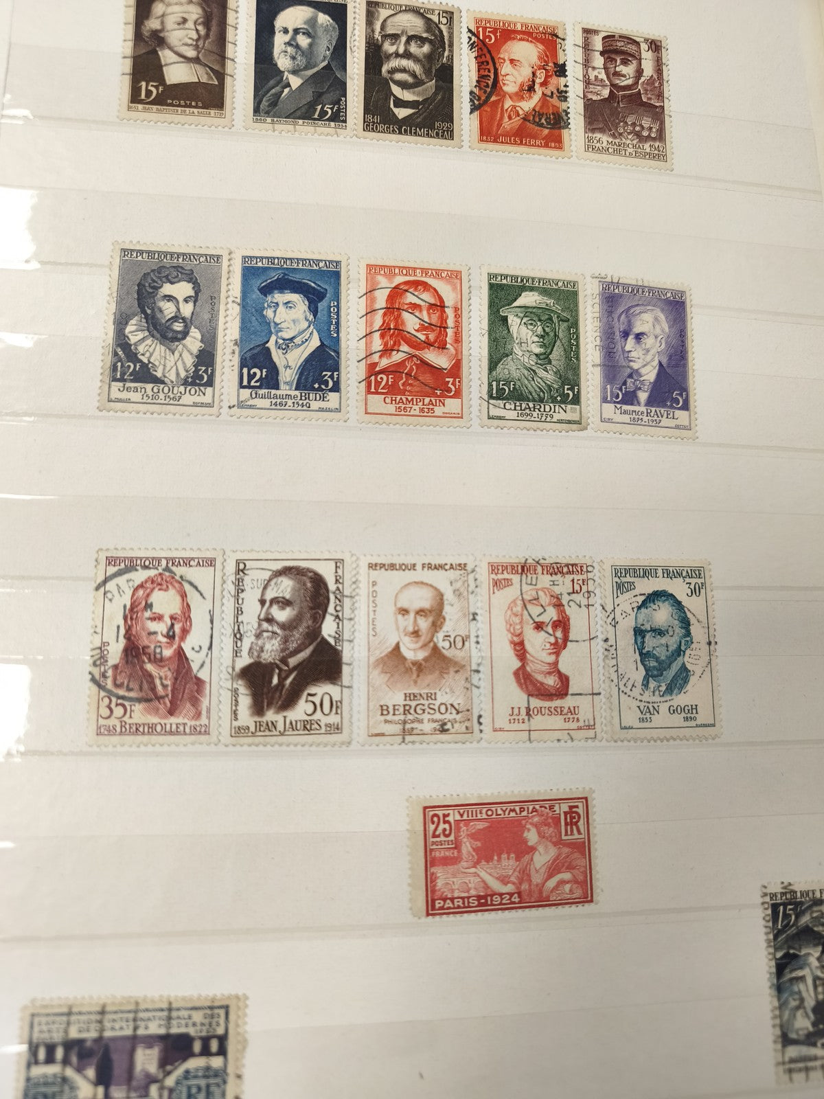 Lot anciens timbres oblitérés France personnages célèbres et thématiques variées