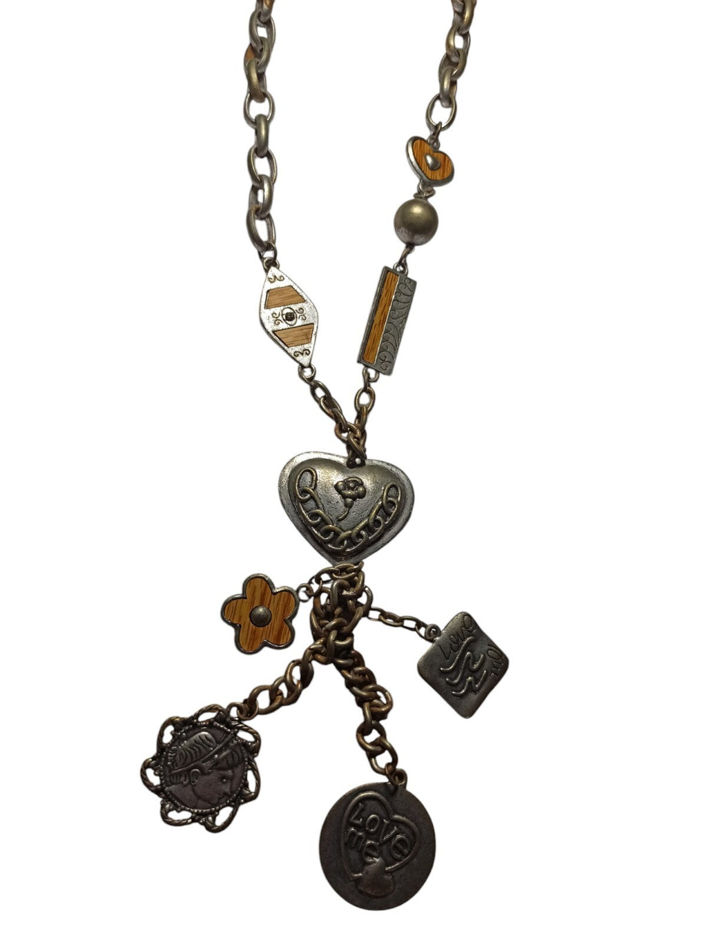 Collier fantaisie breloques Love Me cœur médaillon chaîne aspect vieilli