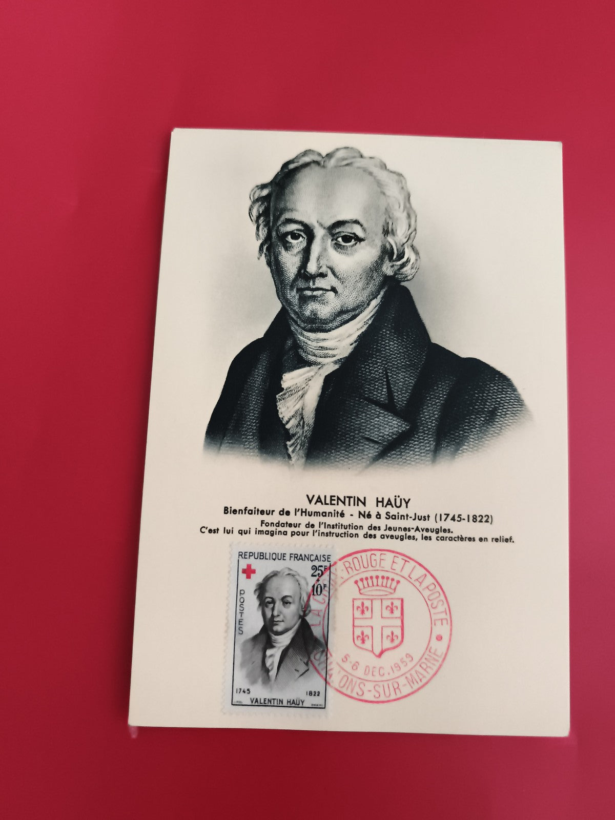 Carte maximum Valentin Haüy 1983 timbre Croix-Rouge oblitération Sions philatéli