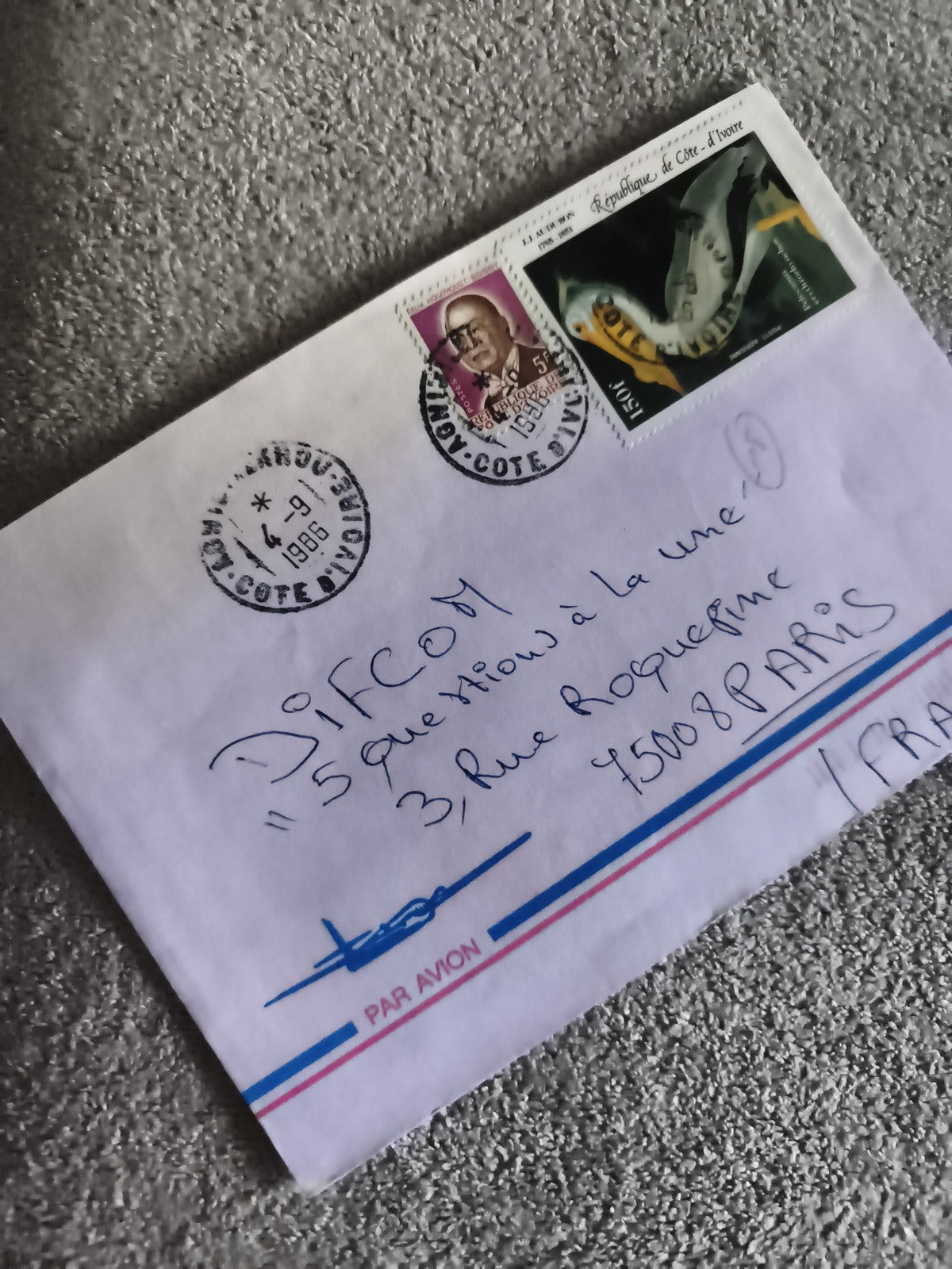 Lettre affranchie Côte d'Ivoire 1986, 2 timbres, oblitération Abidjan, Par Avion