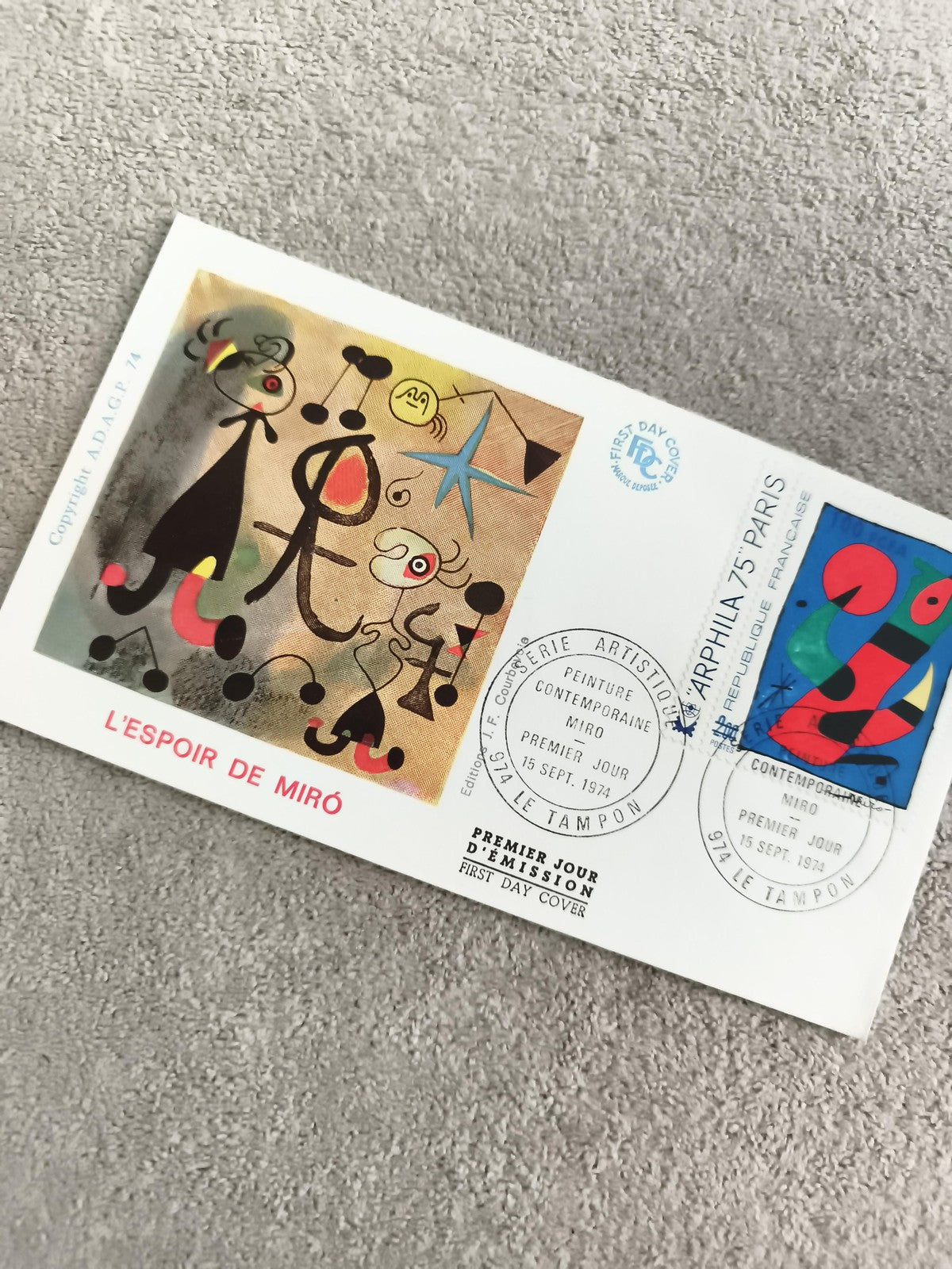 Enveloppe premier jour L'Espoir de Miró 1974 FDC timbre art contemporain