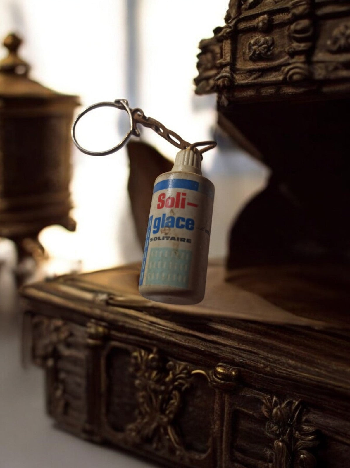 Porte-clés vintage Soli-glace Solitaire publicitaire ancien, flacon miniature