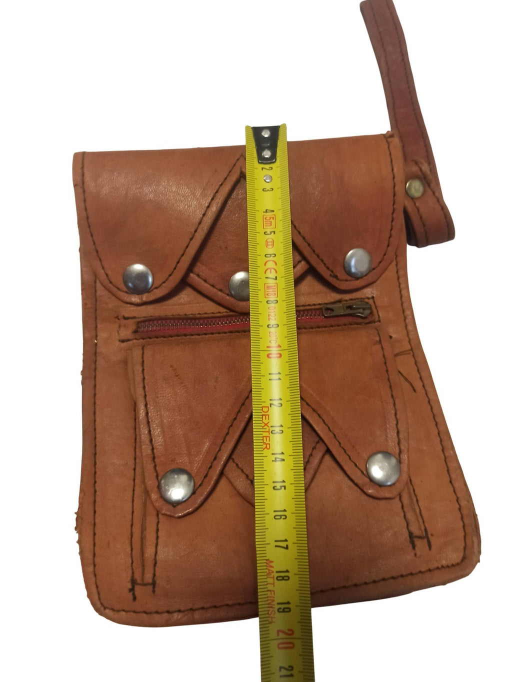 Petite sacoche vintage en cuir marron, pochette rétro à rivets, accessoire ancie