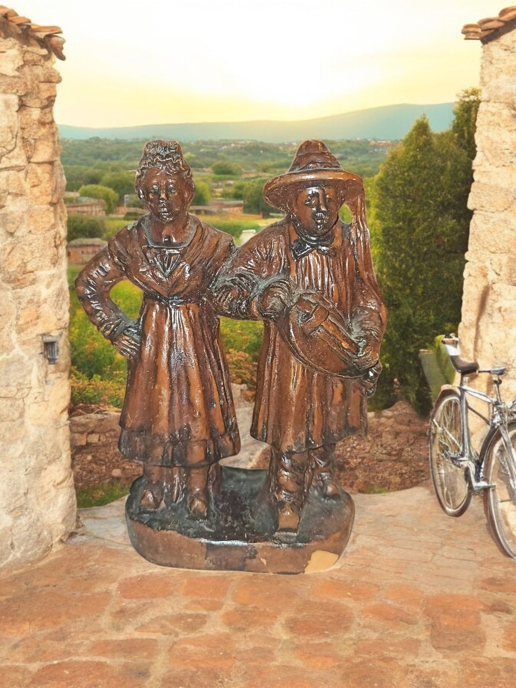 Santon ancien Provence signé AMY figurine argile couple costume vintage