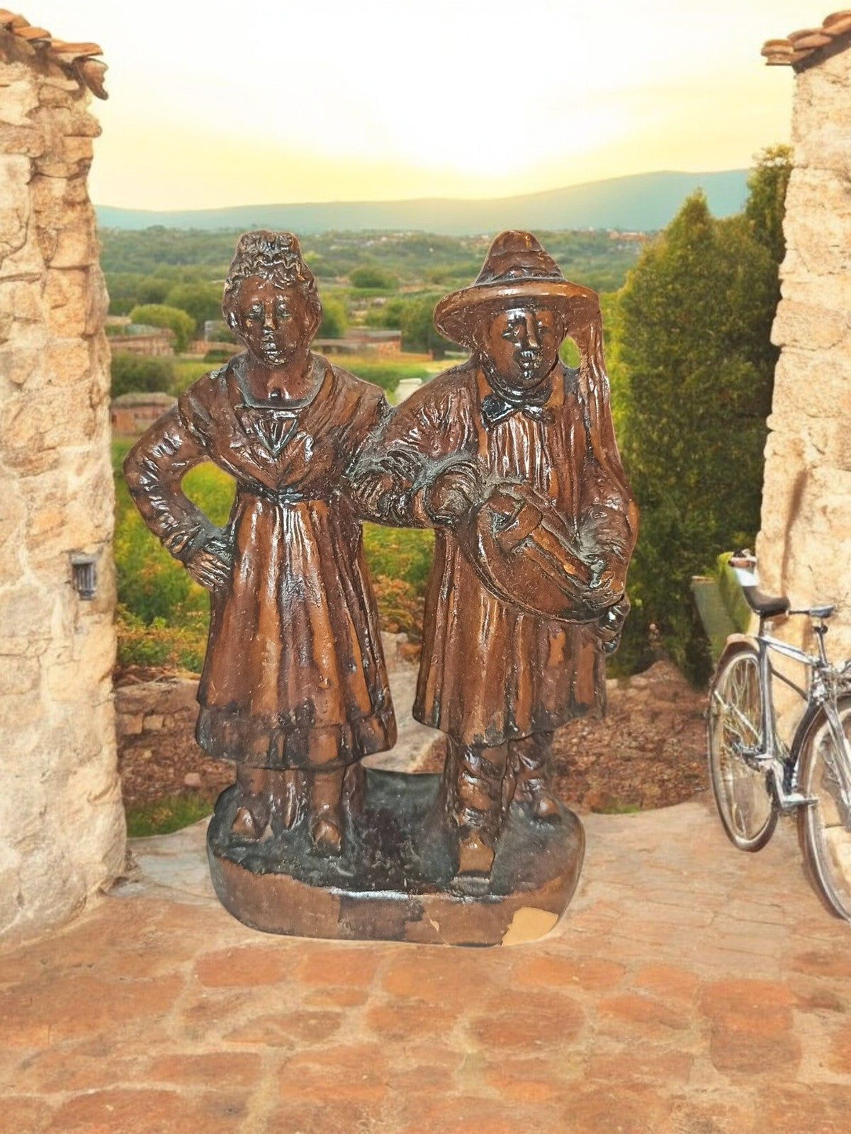 Santon ancien Provence signé AMY figurine argile couple costume vintage