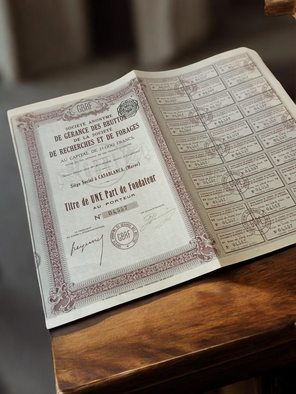 Action au porteur GBRF Maroc années 1920 ancien document financier vintage