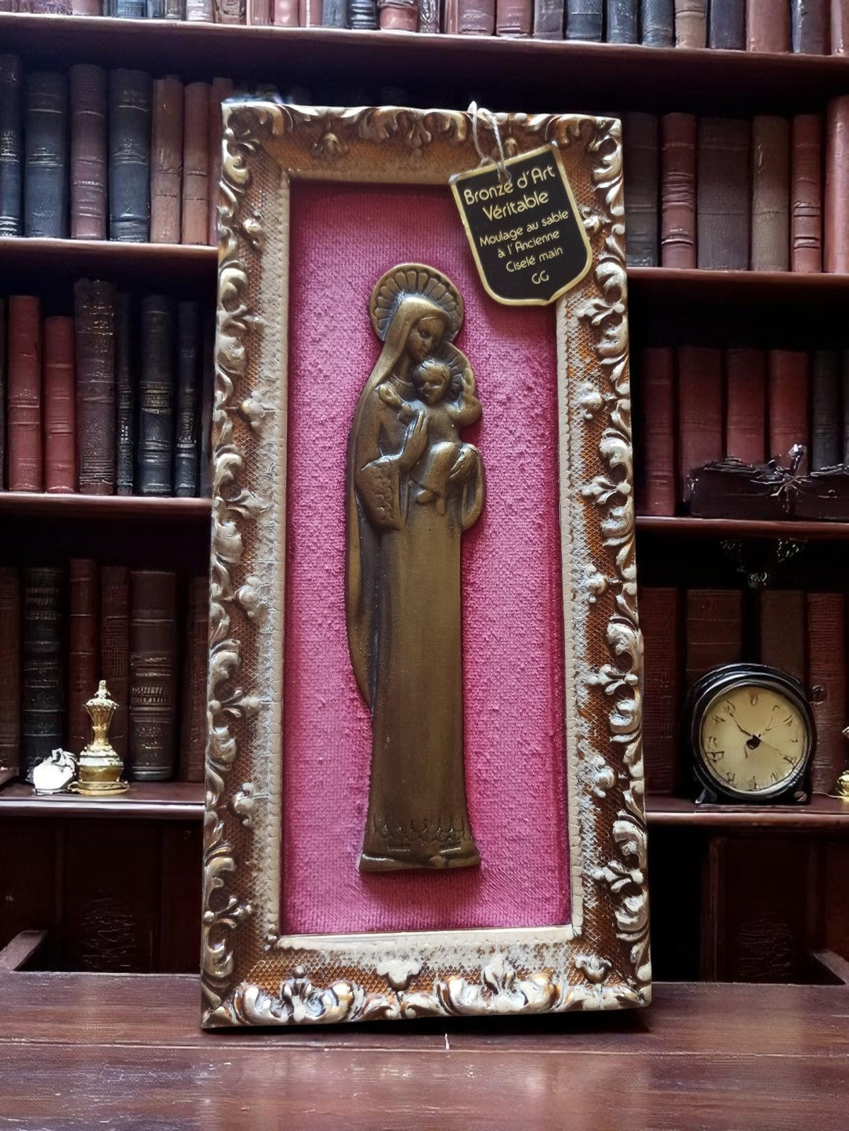 Cadre religieux catholique ancien bronze d’art moulage main Vierge à l’Enfant