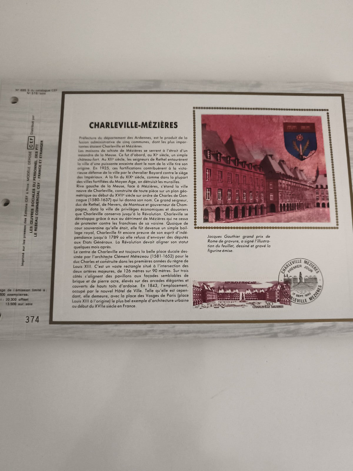 Feuillet philatélique CEF Charleville-Mézières timbre illustré Ardennes