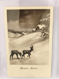 Carte postale ancienne Bonne Année, paysage hivernal, cerfs, noir et blanc