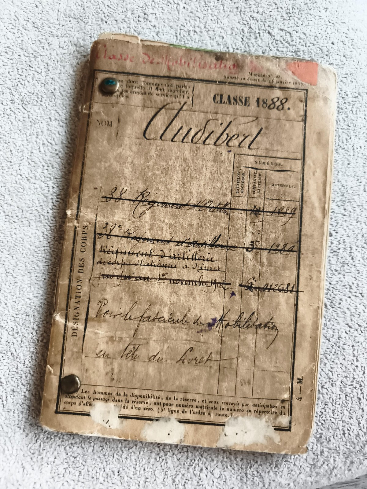 Livret militaire ancien classe 1888 Audibert document armée France XIXe