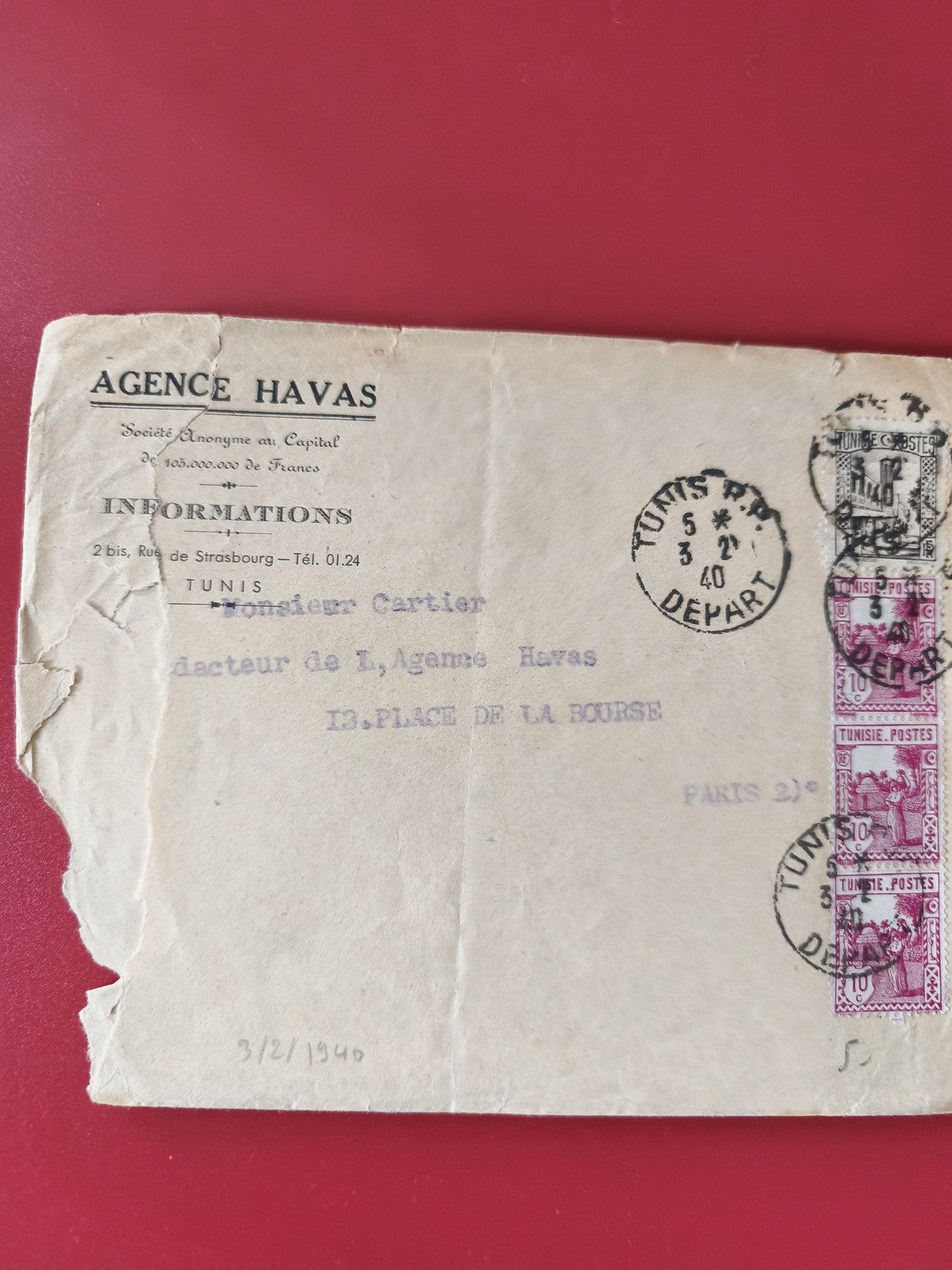 Enveloppe philatélie Agence Havas Tunis timbres oblitérés cachet 1940