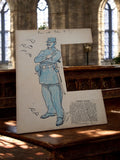 Caricature militaire satirique début XXe, illustration vintage police, dessin or
