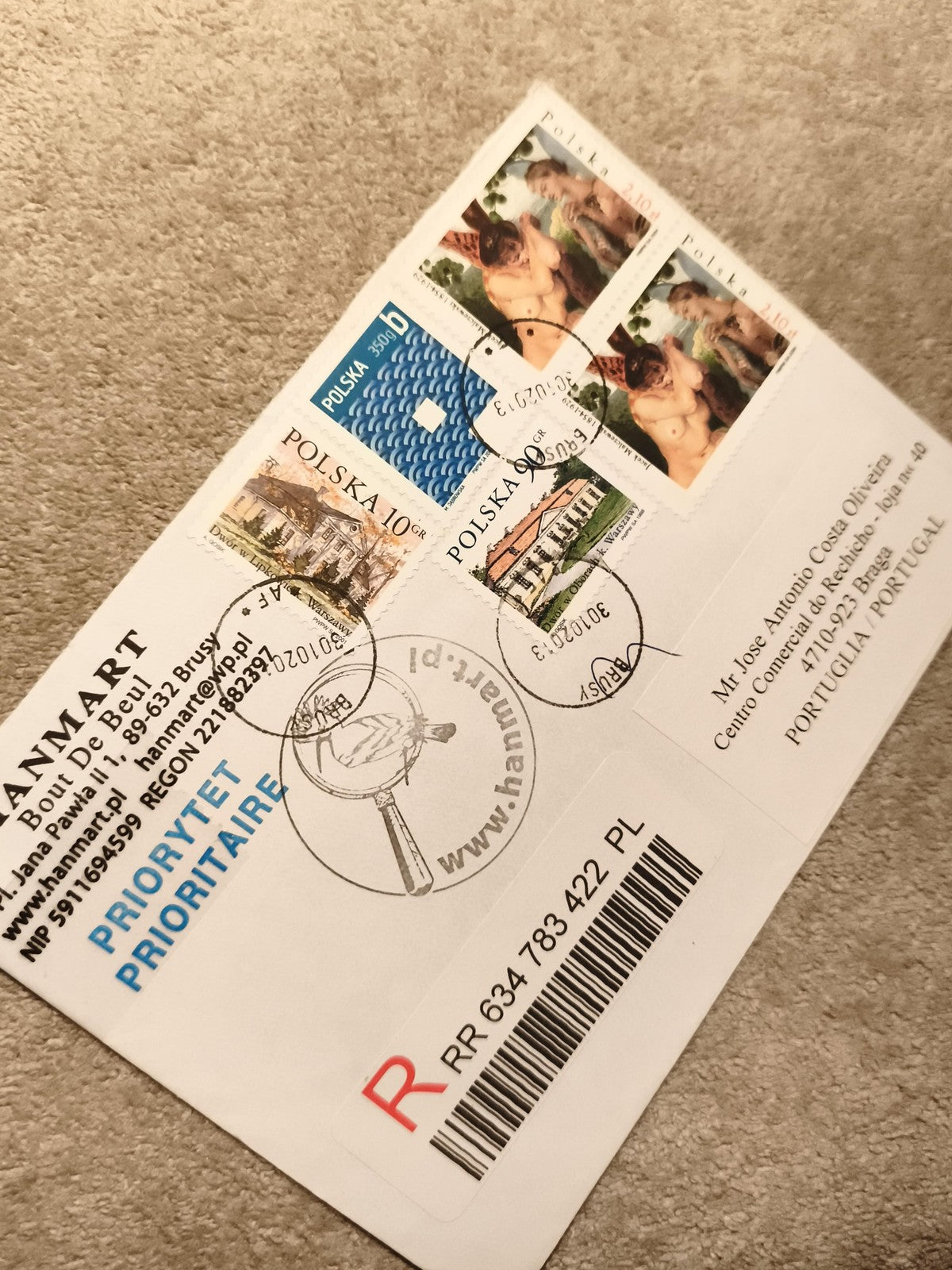 Lettre affranchie Pologne timbres oblitérés PRIORITY Hanmart philatélie (Ref 8)