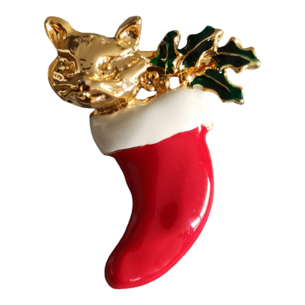 Broche vintage chat Noël doré sur botte rouge émaillée pin métal doré