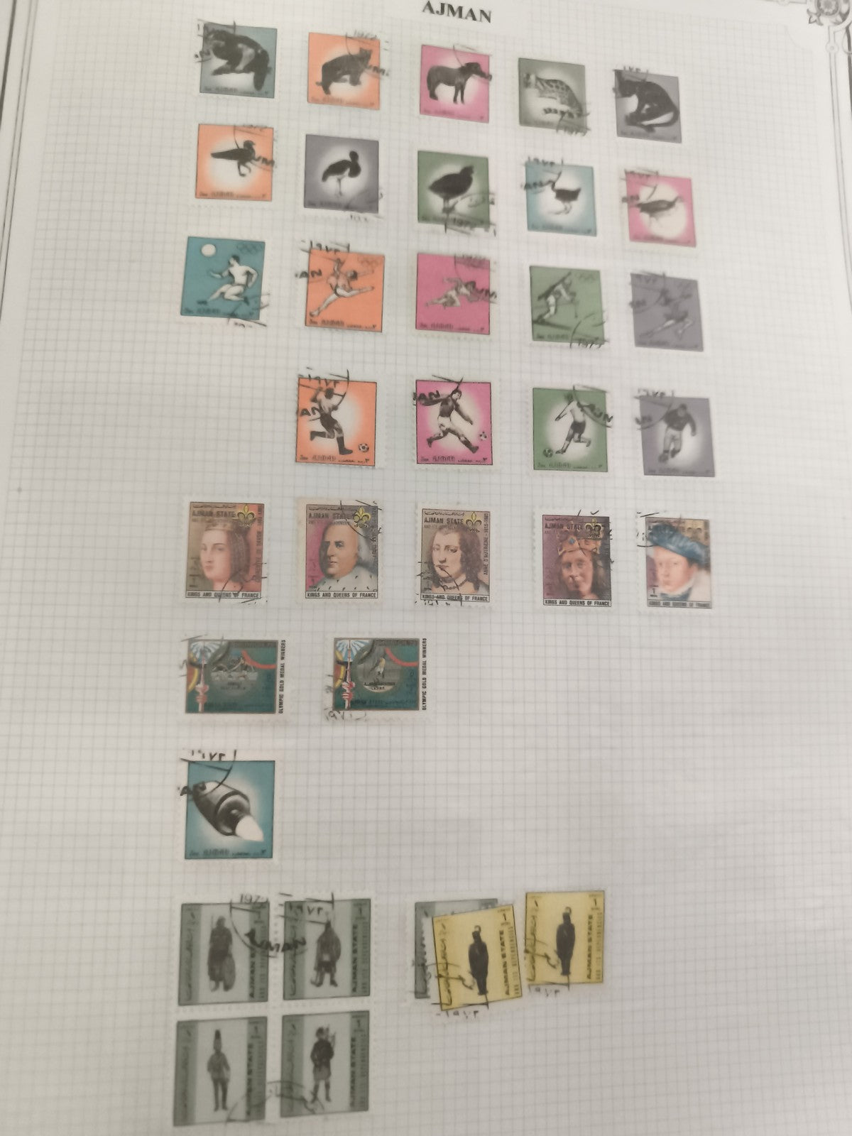 Timbres Ajman oblitérés animaux, portraits, sports, lot philatélie