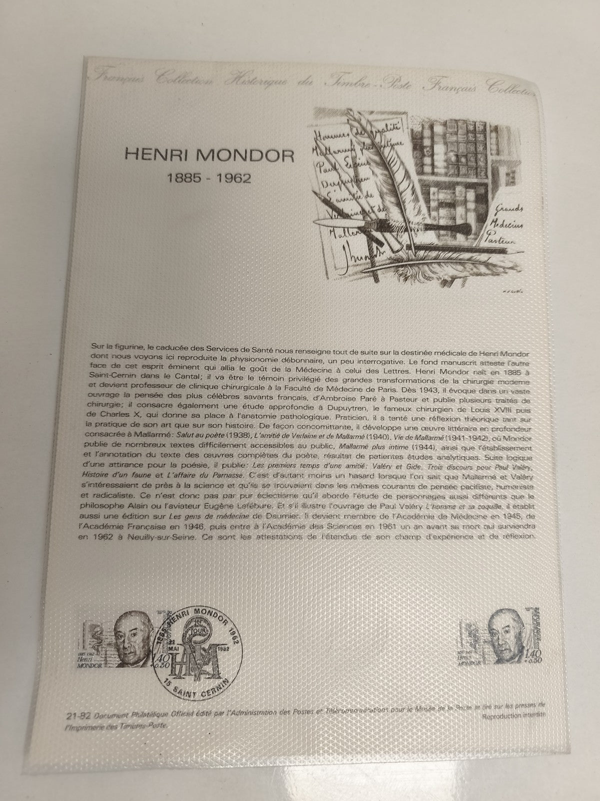 Feuillet philatélique ancien Henri Mondor 1982 timbre France Poste historique