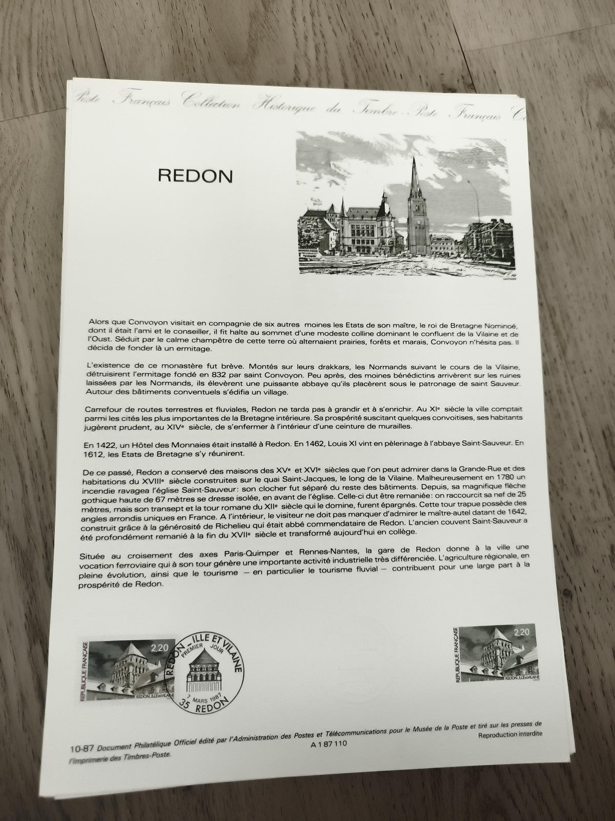 Feuillet philatélique officiel Redon 2,20 F Poste française cachet 1987