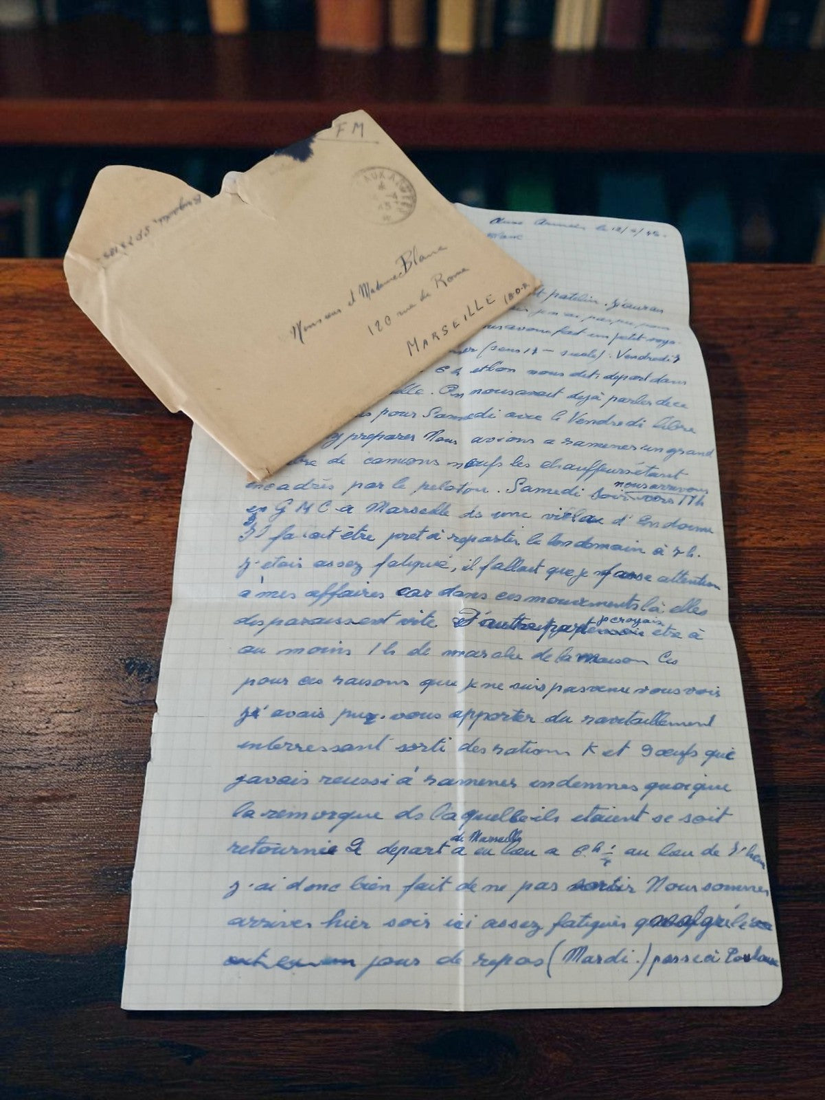 Lettre manuscrite ancienne 1945 + enveloppe Marseille WW2 rétro vintage