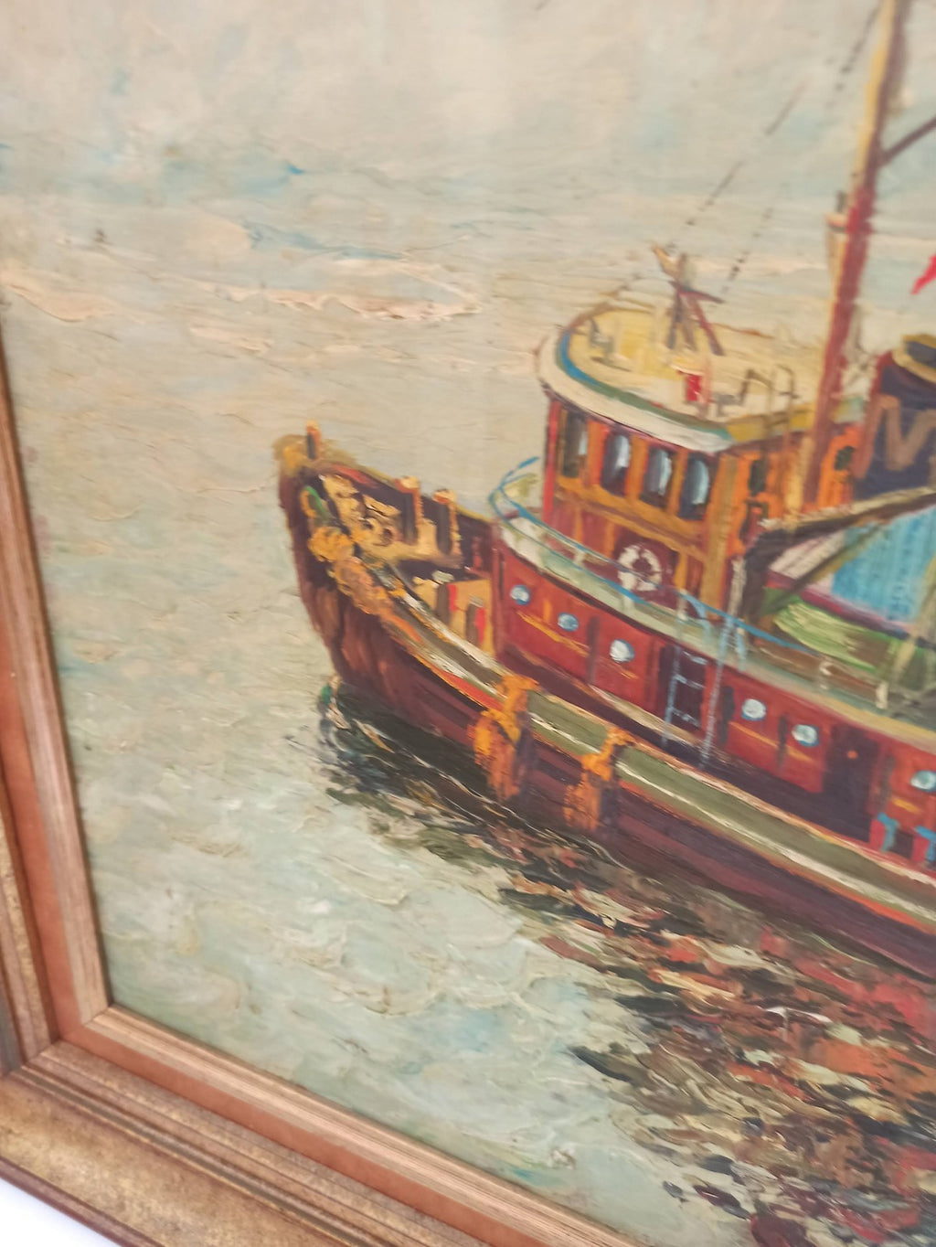 Tableau ancien bateau signé Raphael Tricarico peinture vintage marine cadre doré