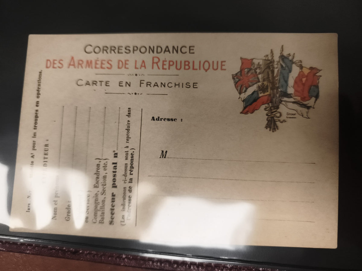 Carte postale militaire Armées de la République, franchise, Alliés, Philatélie