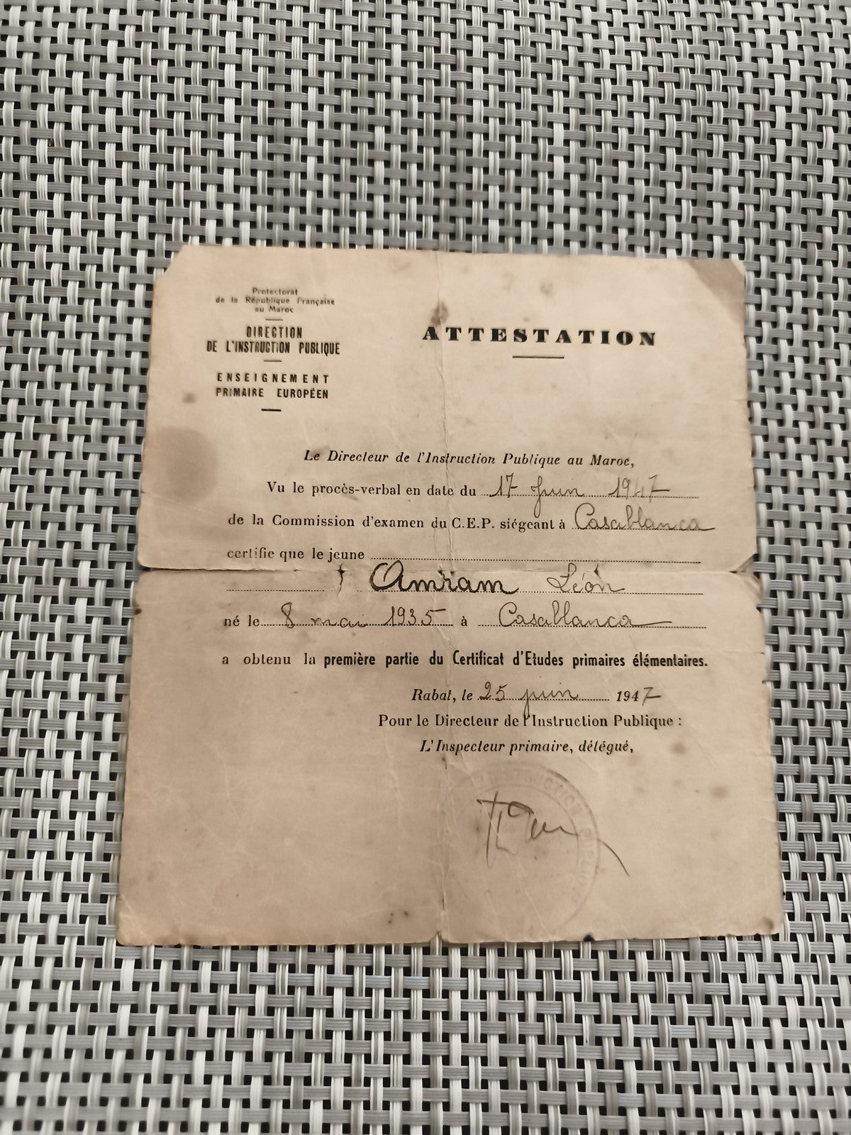 Attestation ancienne 1947 certificat études primaires Maroc Casablanca vintage