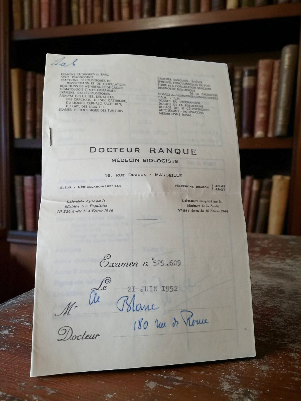 Ordonnance médicale ancienne Dr Ranque Marseille 1952 biologie document vintage