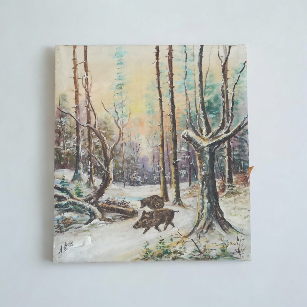 Tableau original signé A. Mottie sangliers forêt neige, peinture scène hivernale