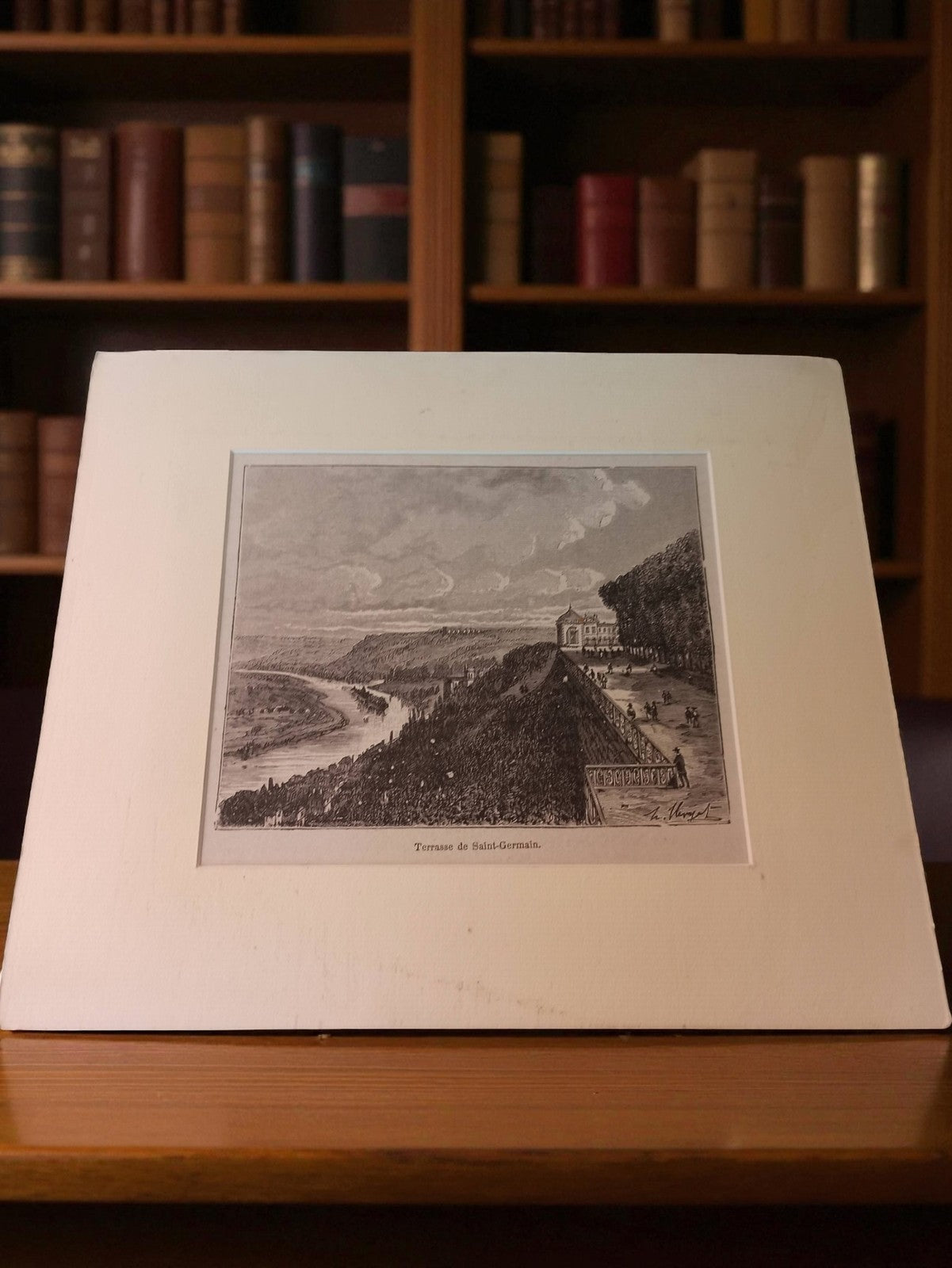 Gravure ancienne Terrasse de Saint-Germain, illustration vintage encadrée rétro